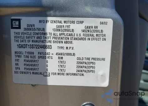 2002 GMC Envoy Slt from USA, damaged, VIN 1GKDT13S722449683